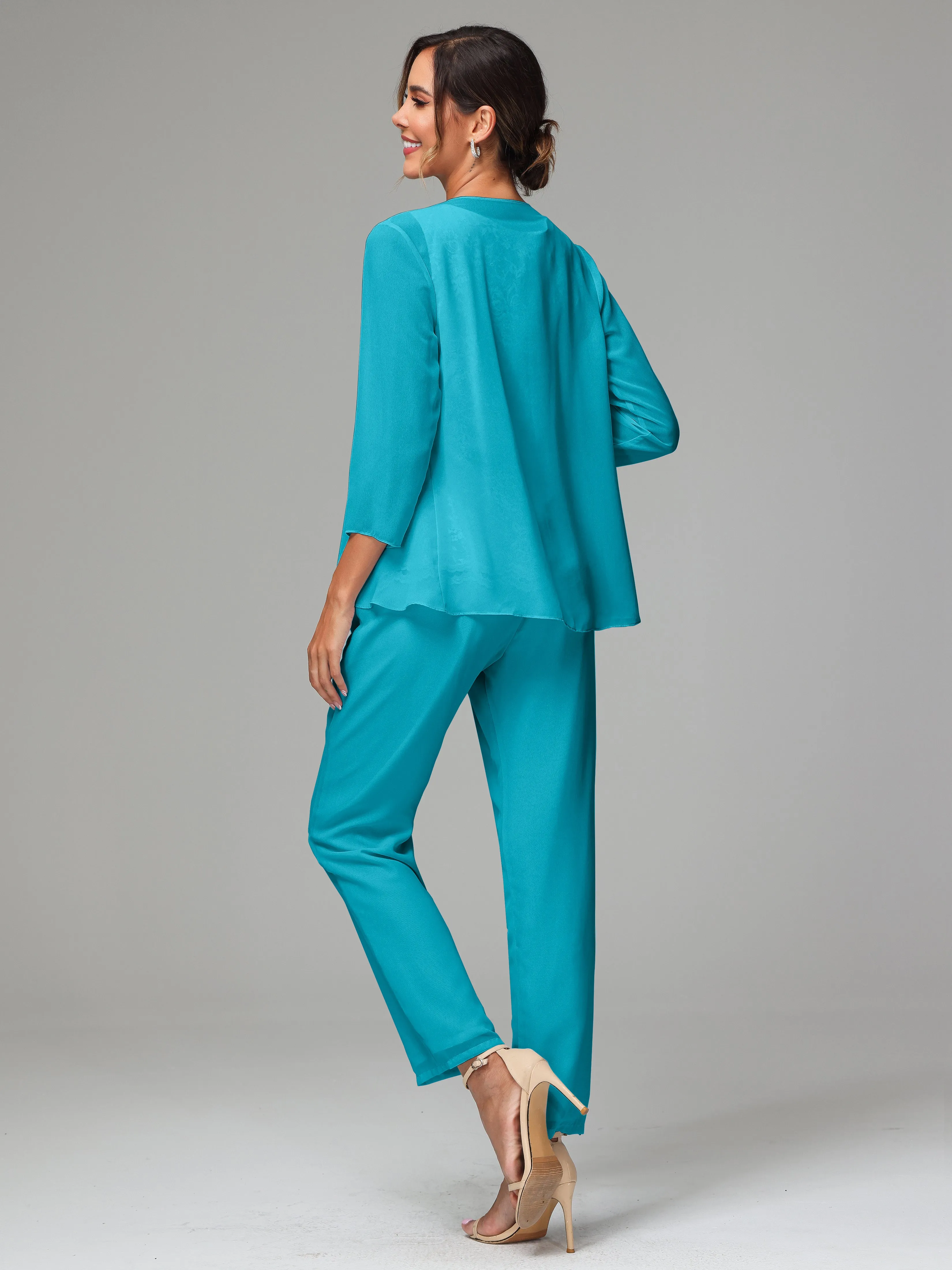 Chiffon Lace Long Sleeves 3 Pieces Mother Of The Bride Dress Pants Suits