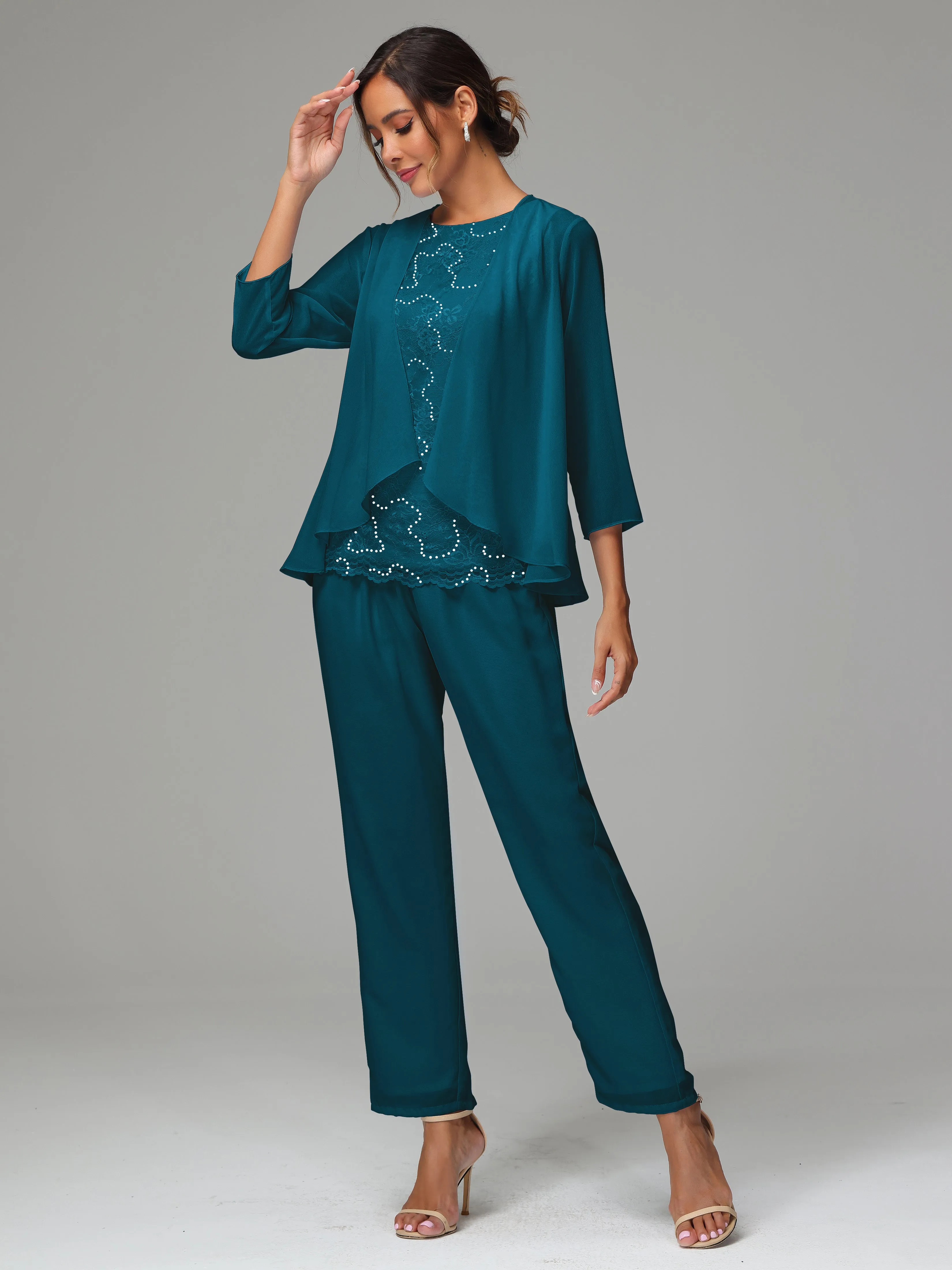 Chiffon Lace Long Sleeves 3 Pieces Mother Of The Bride Dress Pants Suits