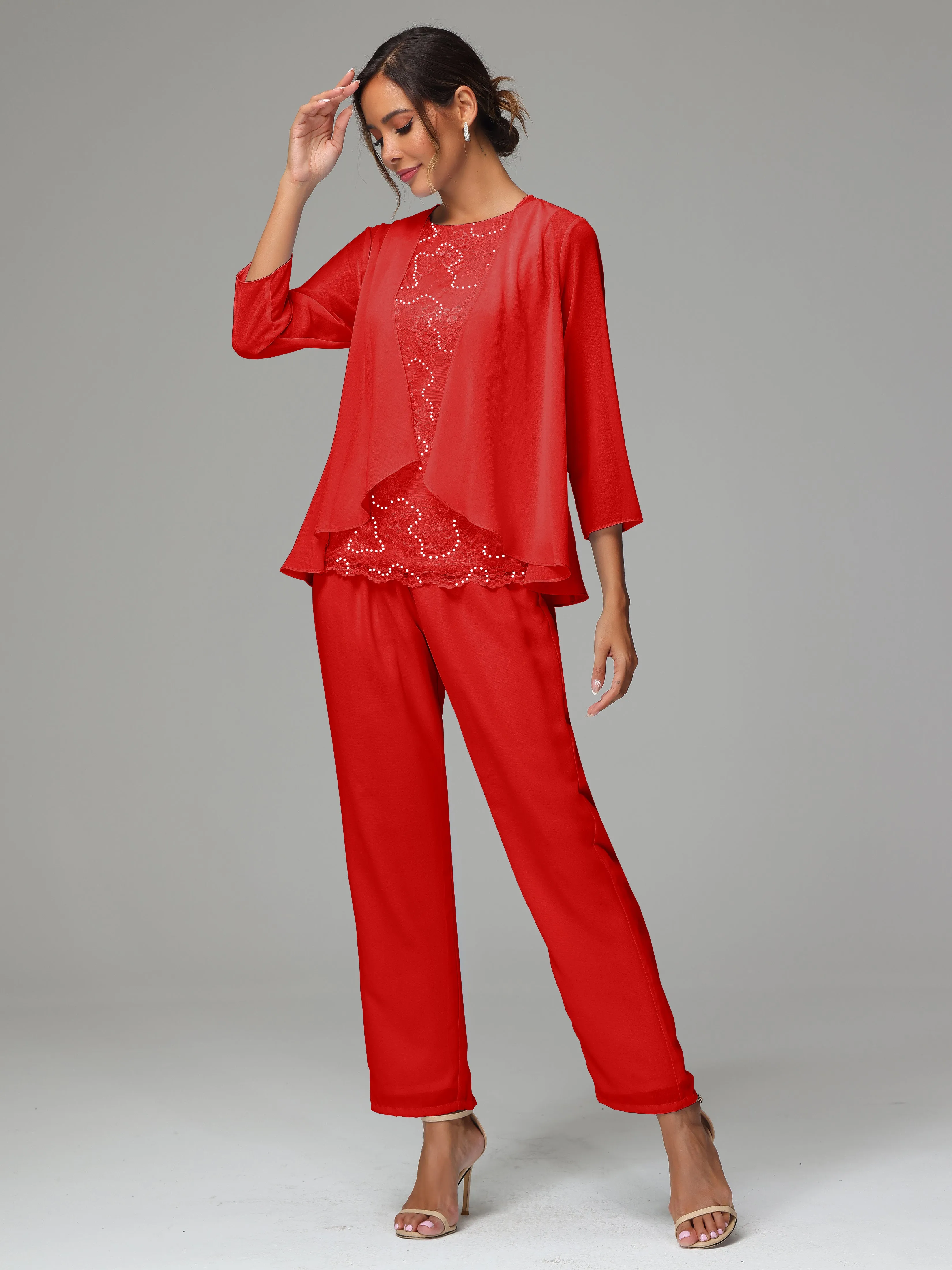 Chiffon Lace Long Sleeves 3 Pieces Mother Of The Bride Dress Pants Suits