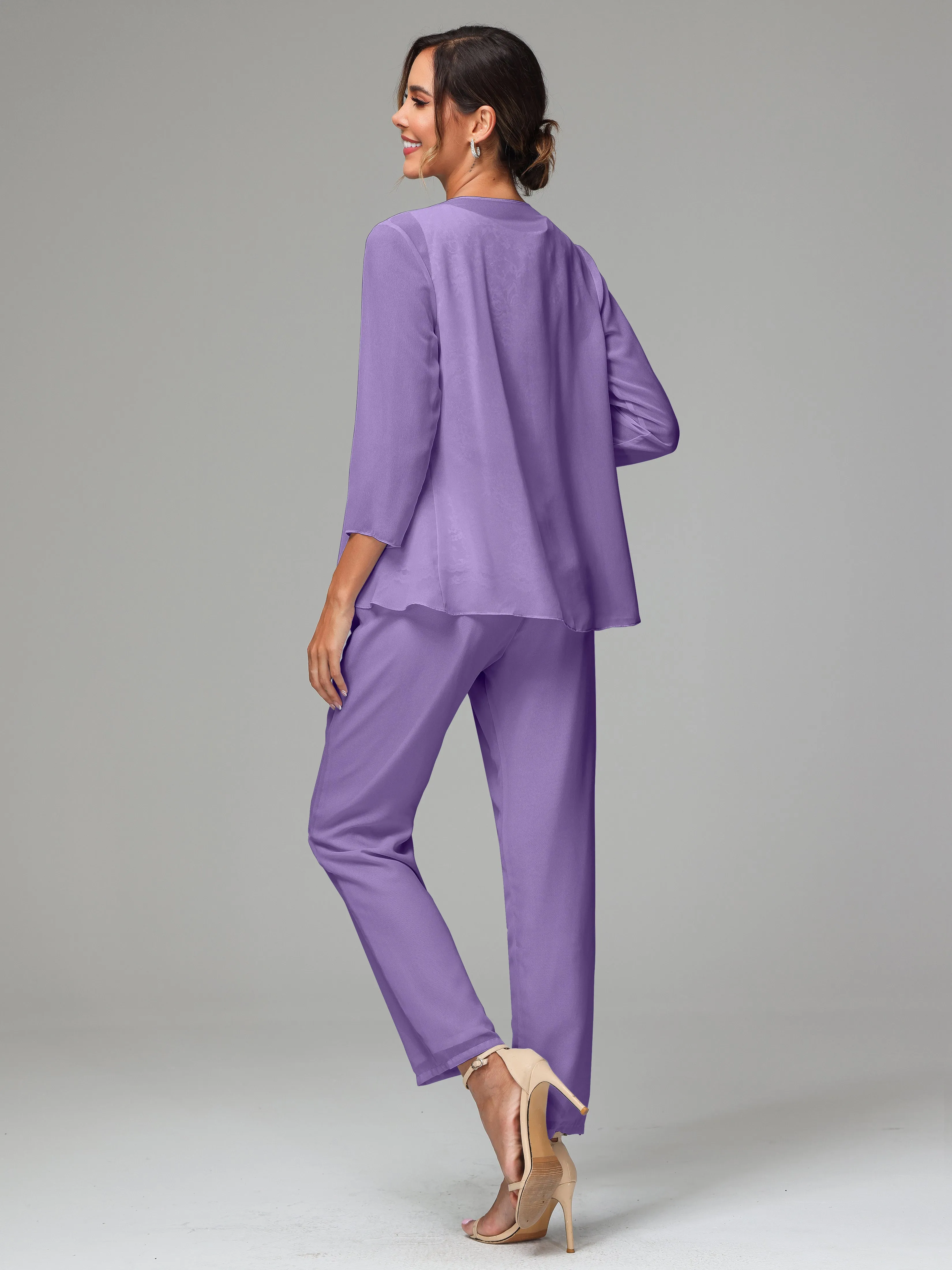 Chiffon Lace Long Sleeves 3 Pieces Mother Of The Bride Dress Pants Suits