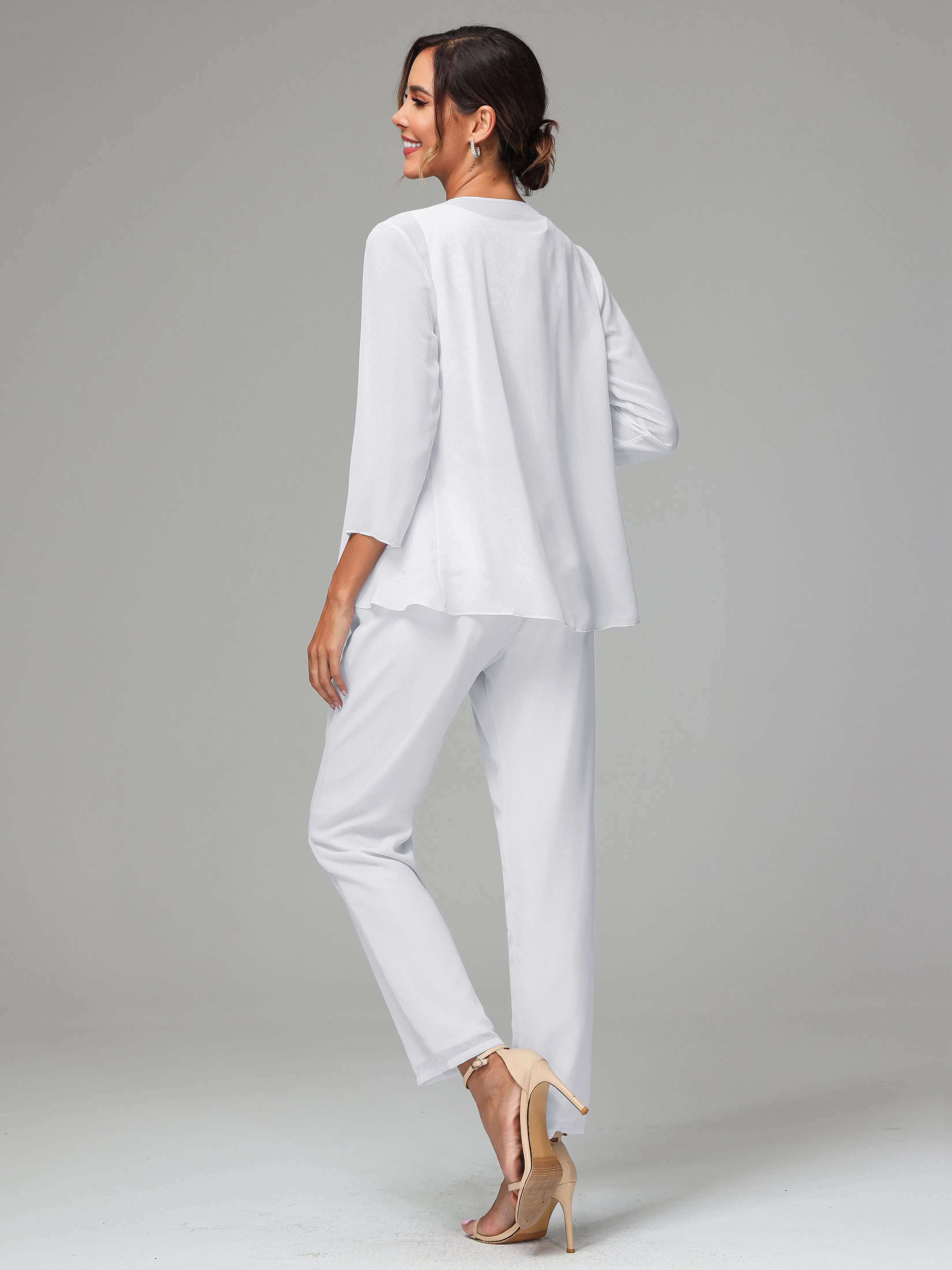 Chiffon Lace Long Sleeves 3 Pieces Mother Of The Bride Dress Pants Suits