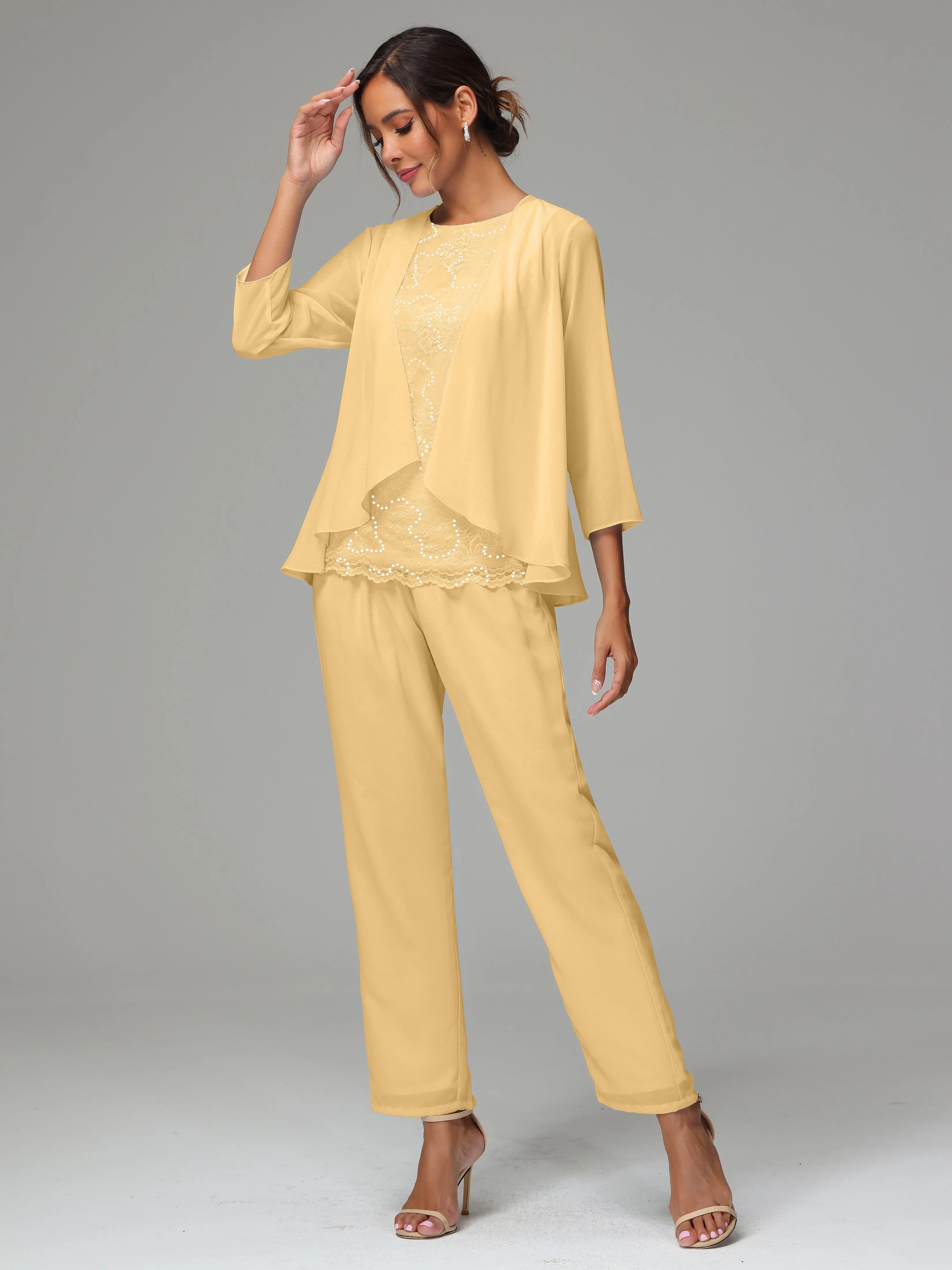 Chiffon Lace Long Sleeves 3 Pieces Mother Of The Bride Dress Pants Suits