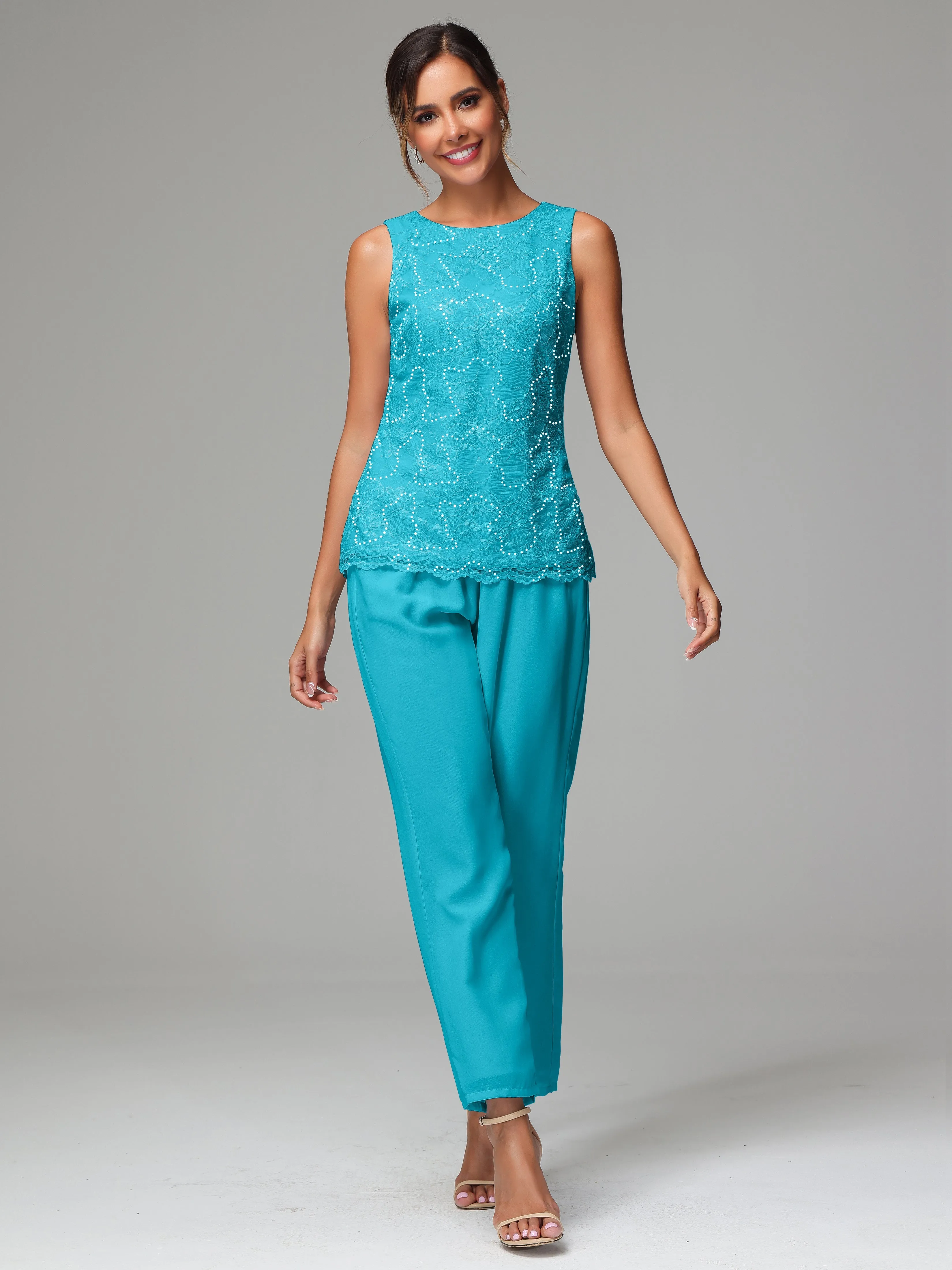 Chiffon Lace Long Sleeves 3 Pieces Mother Of The Bride Dress Pants Suits