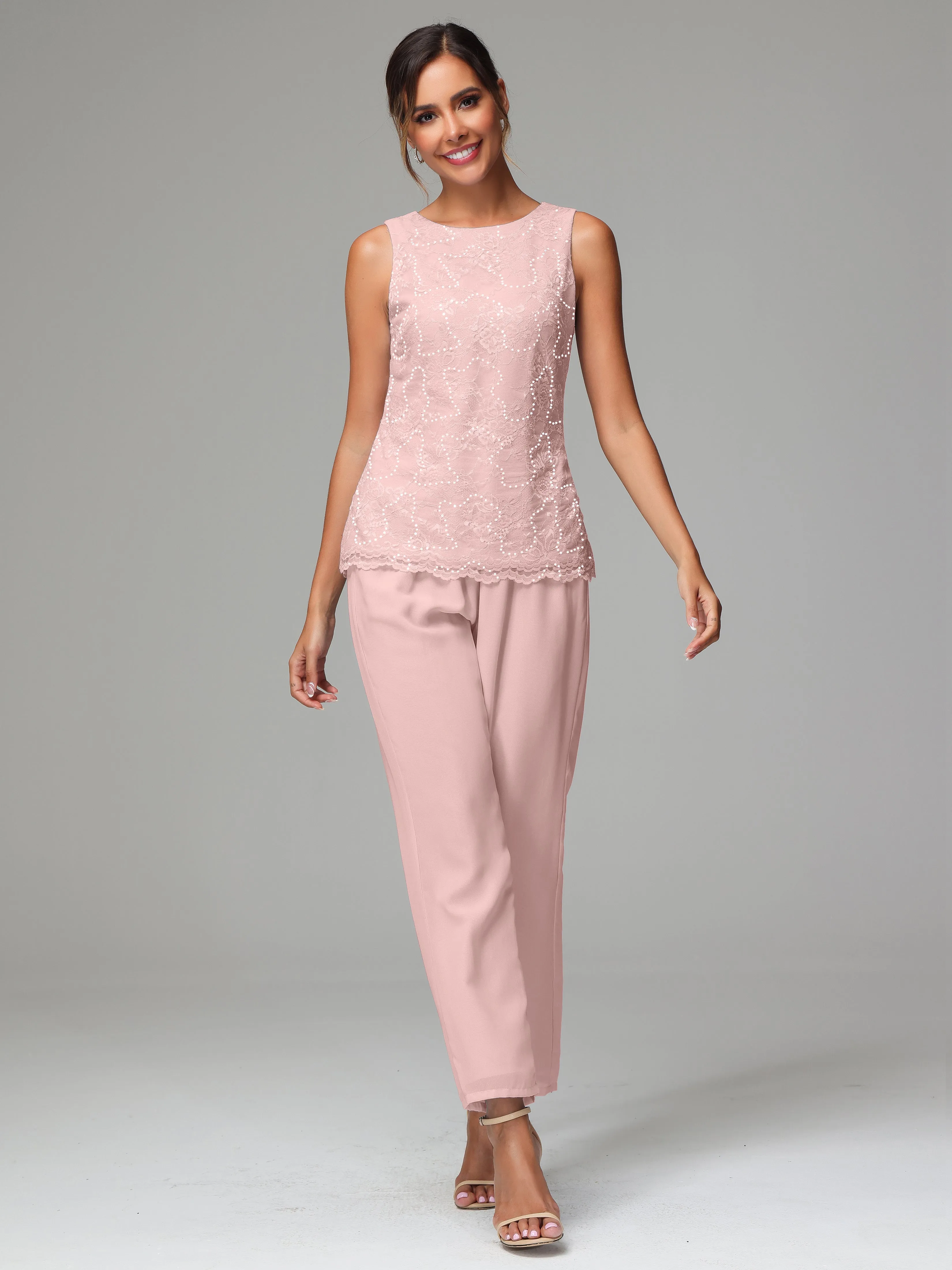 Chiffon Lace Long Sleeves 3 Pieces Mother Of The Bride Dress Pants Suits
