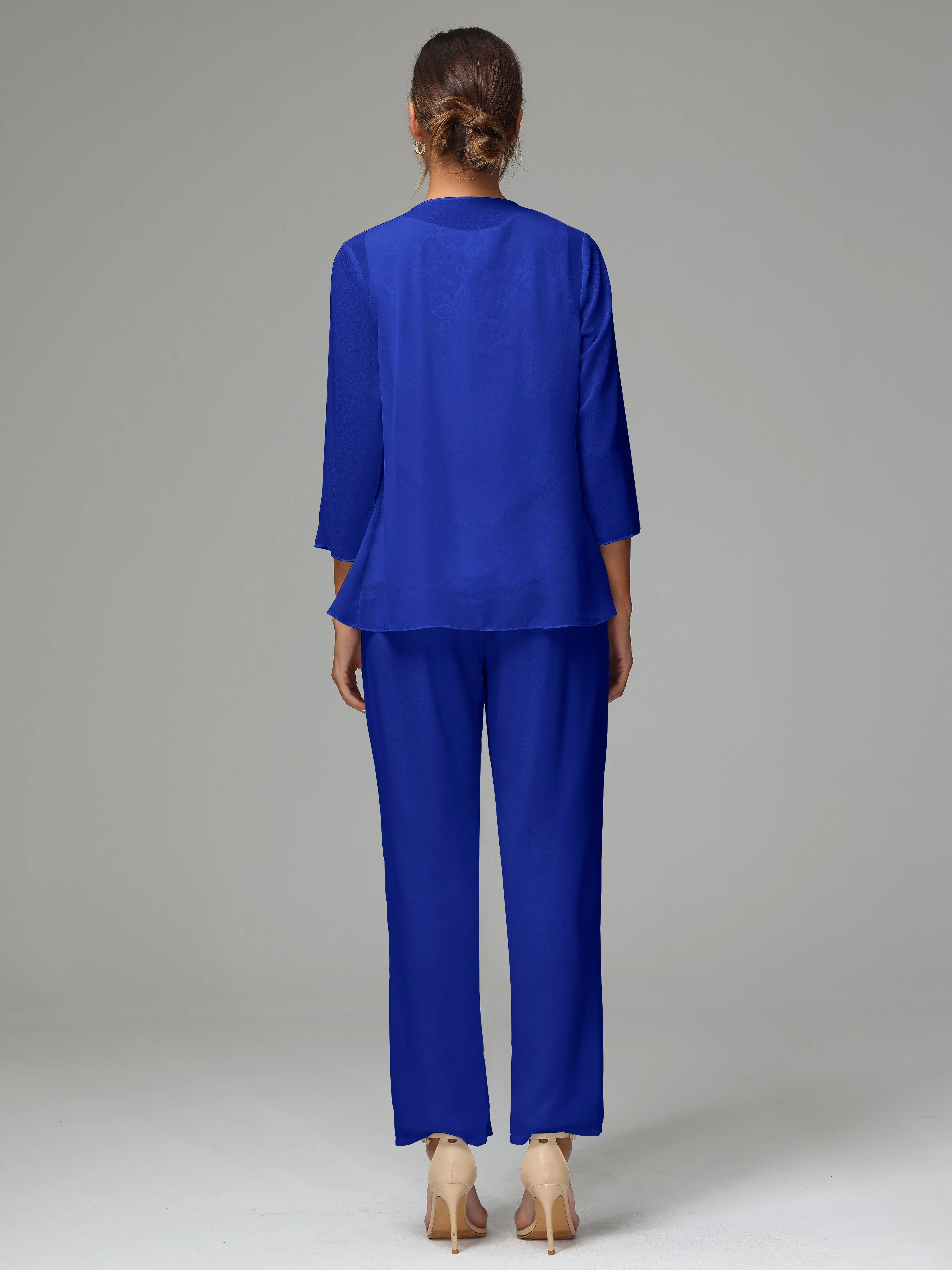Chiffon Lace Long Sleeves 3 Pieces Mother Of The Bride Dress Pants Suits