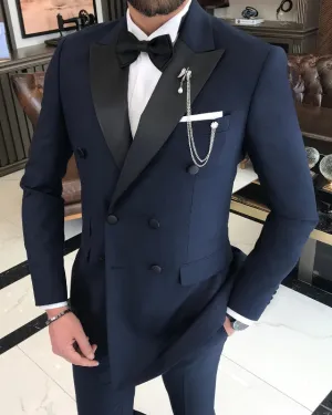 Classic Bespoke Dark Navy Double Breasted Best Fitting Peaked Lapel Business Men Suits