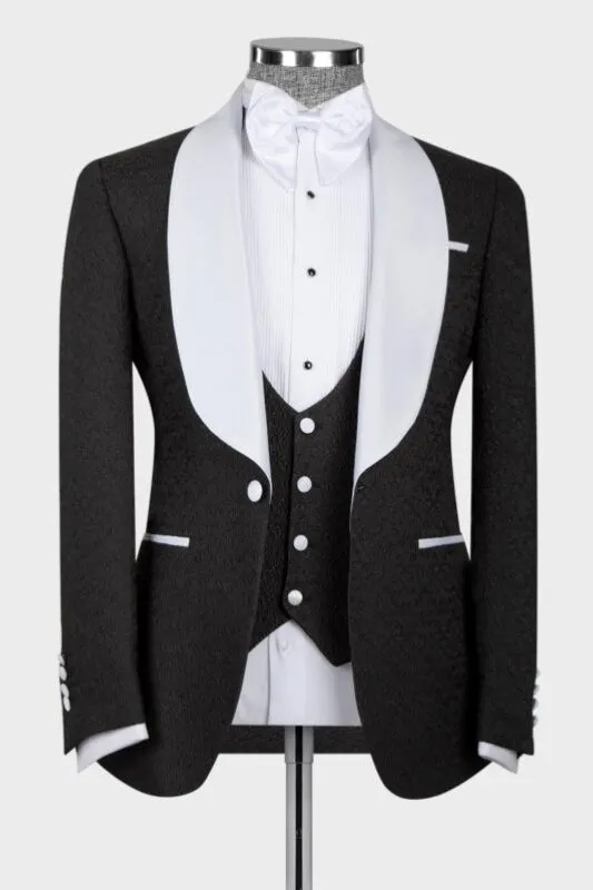 Classic Black 3 Piece Wedding Suit with White Shawl Lapel
