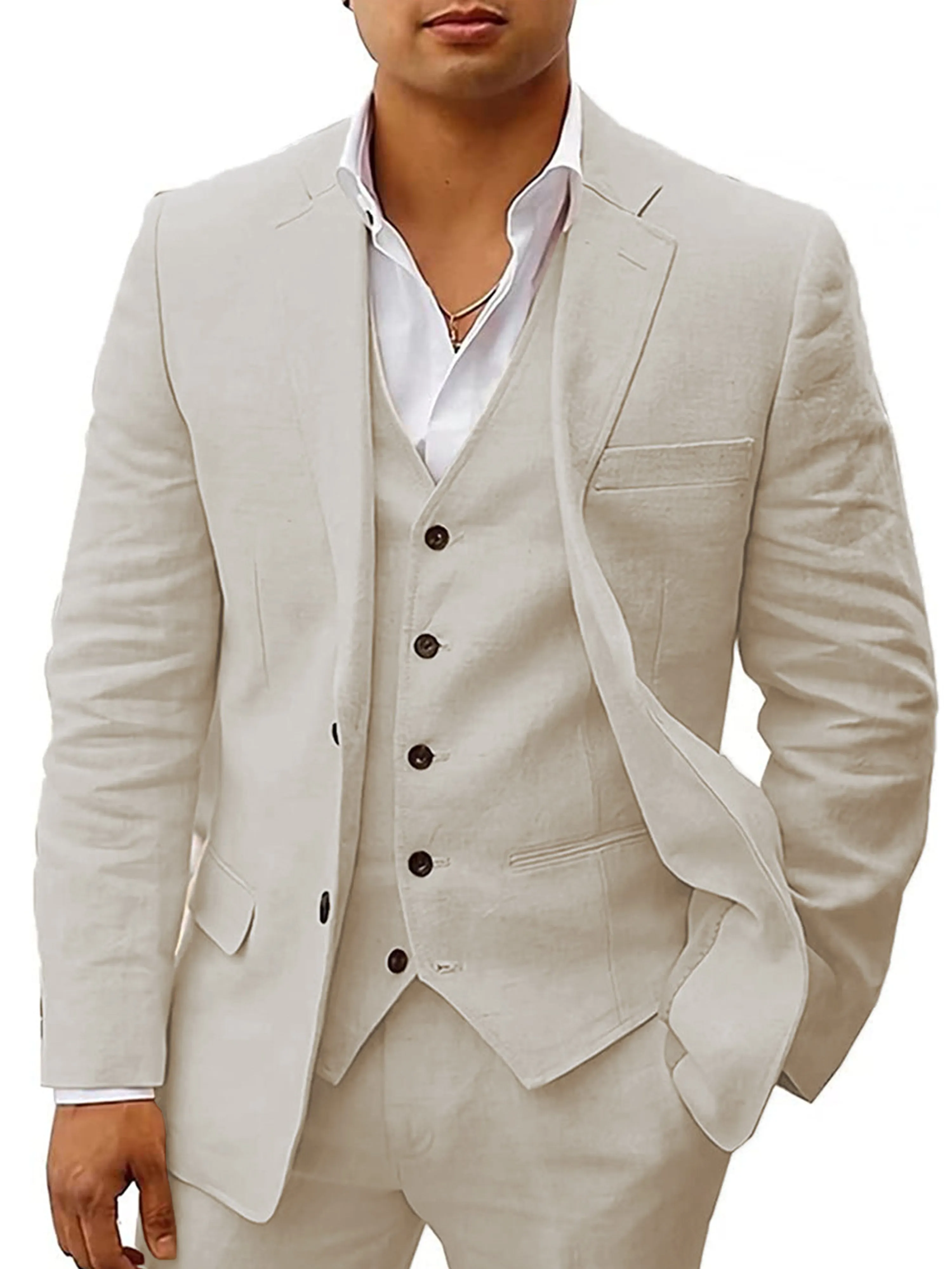 Cotton and Linen Peak Lapel 3 Pieces Business Suit