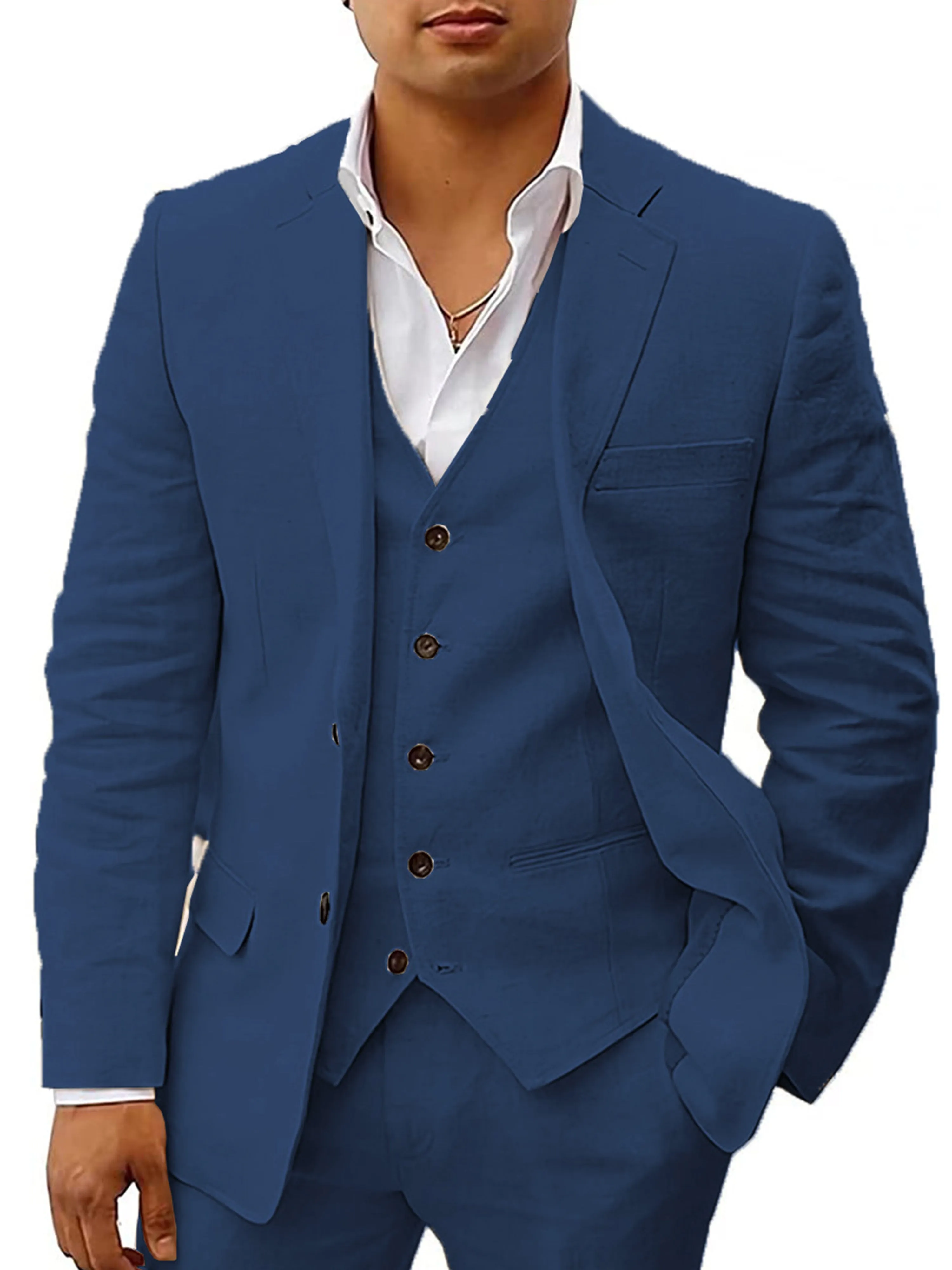 Cotton and Linen Peak Lapel 3 Pieces Business Suit
