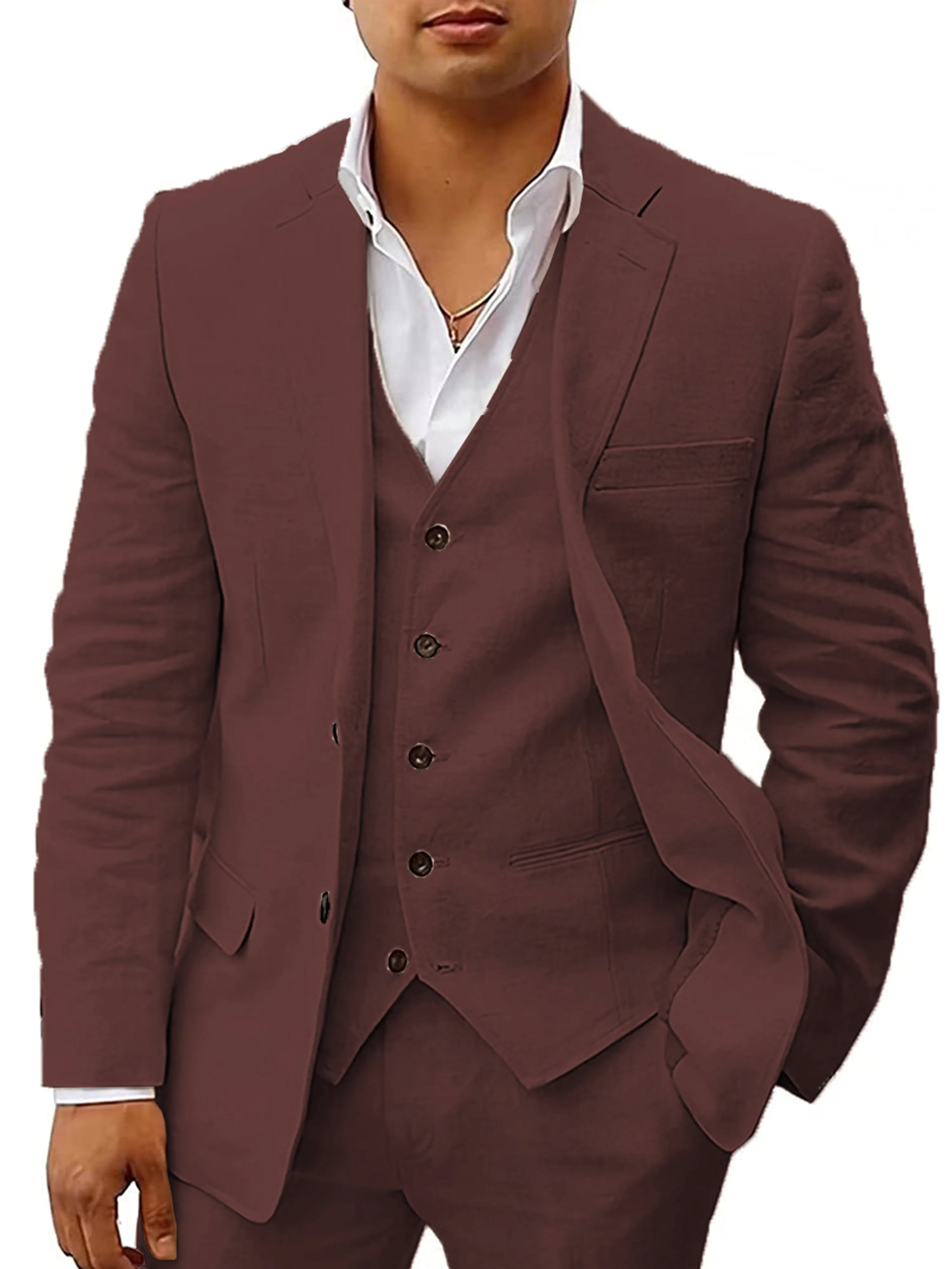 Cotton and Linen Peak Lapel 3 Pieces Business Suit