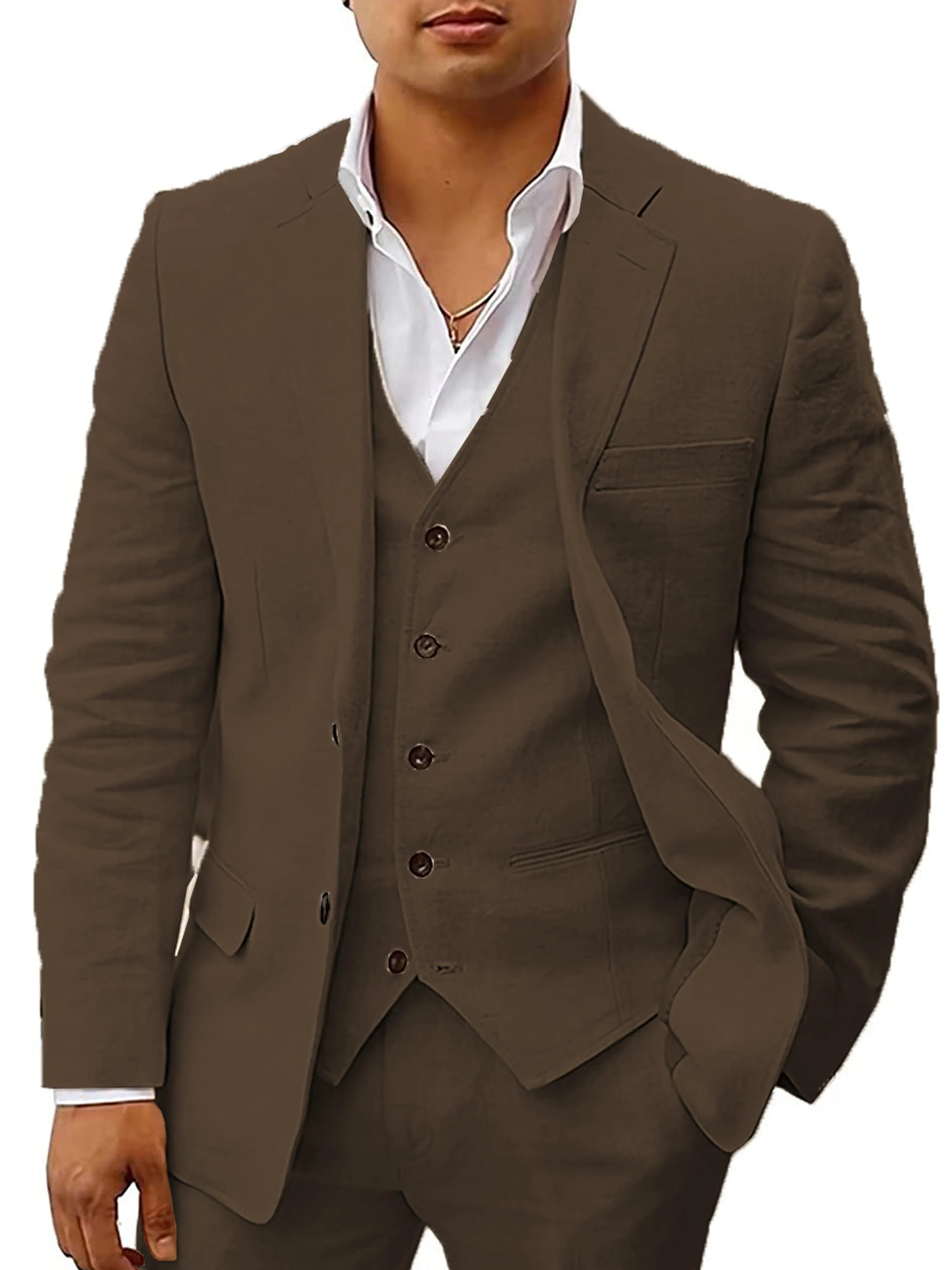 Cotton and Linen Peak Lapel 3 Pieces Business Suit