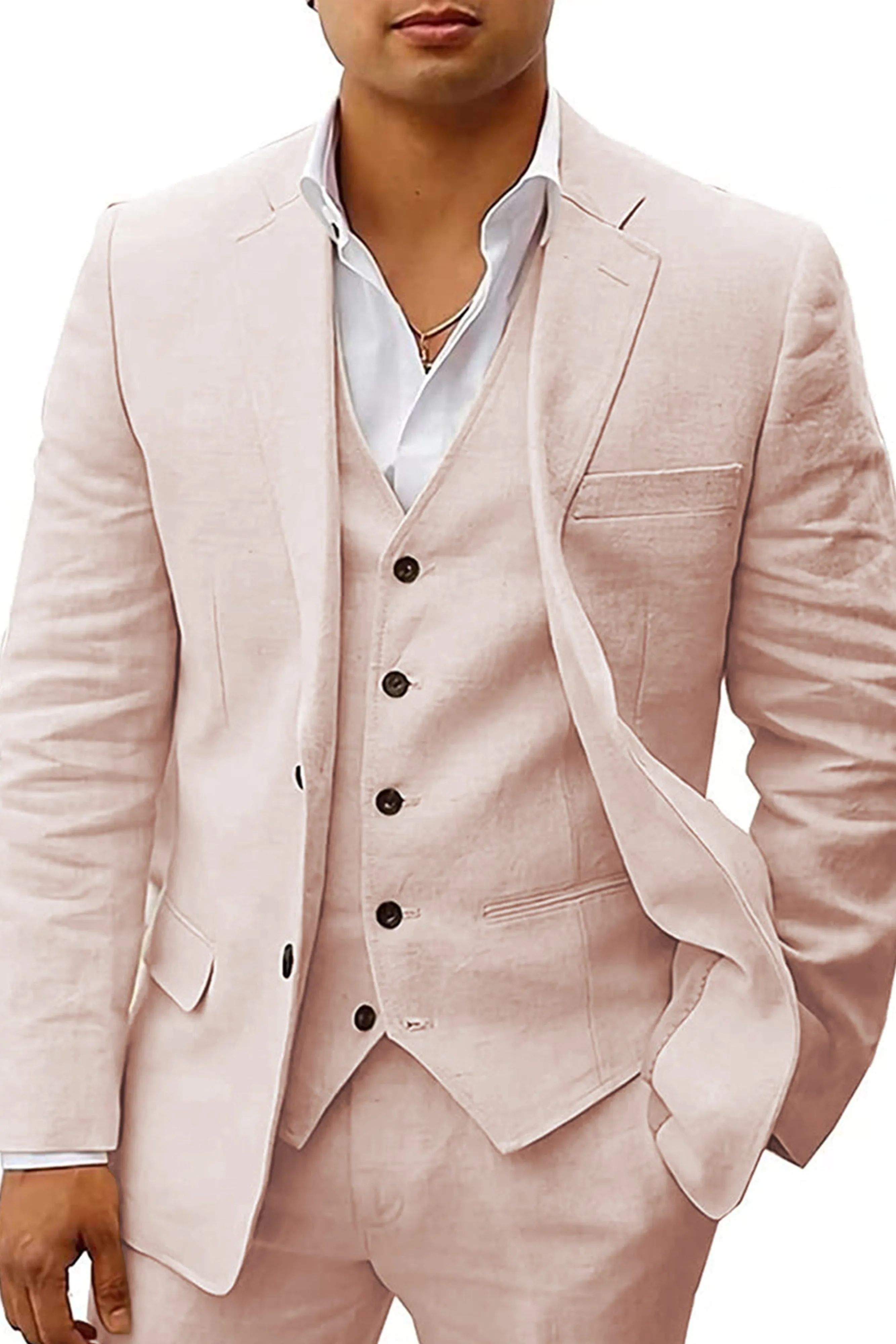 Cotton and Linen Peak Lapel 3 Pieces Business Suit
