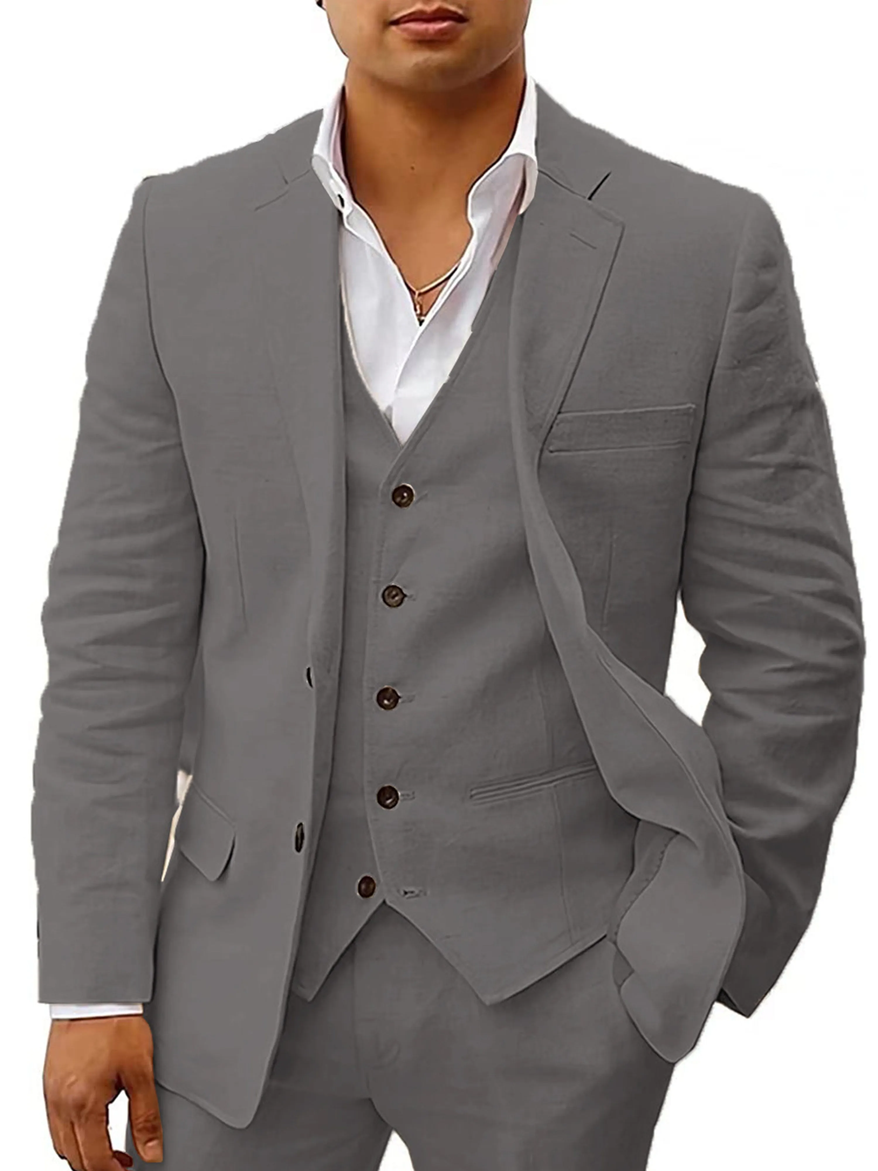 Cotton and Linen Peak Lapel 3 Pieces Business Suit