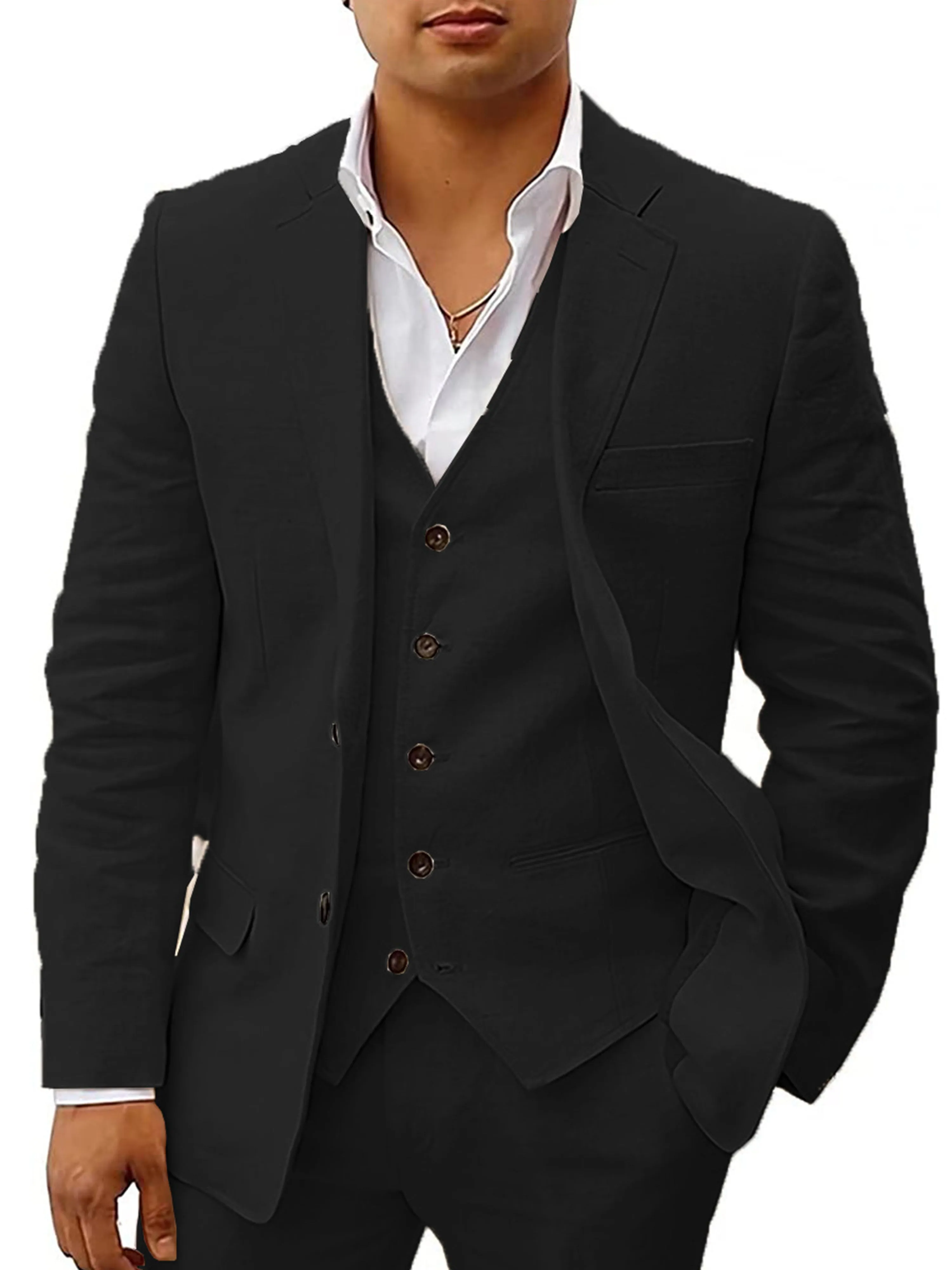 Cotton and Linen Peak Lapel 3 Pieces Business Suit
