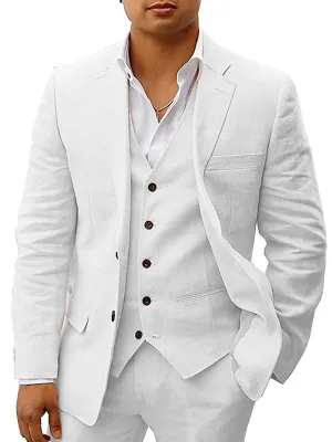 Cotton and Linen Peak Lapel 3 Pieces Business Suit