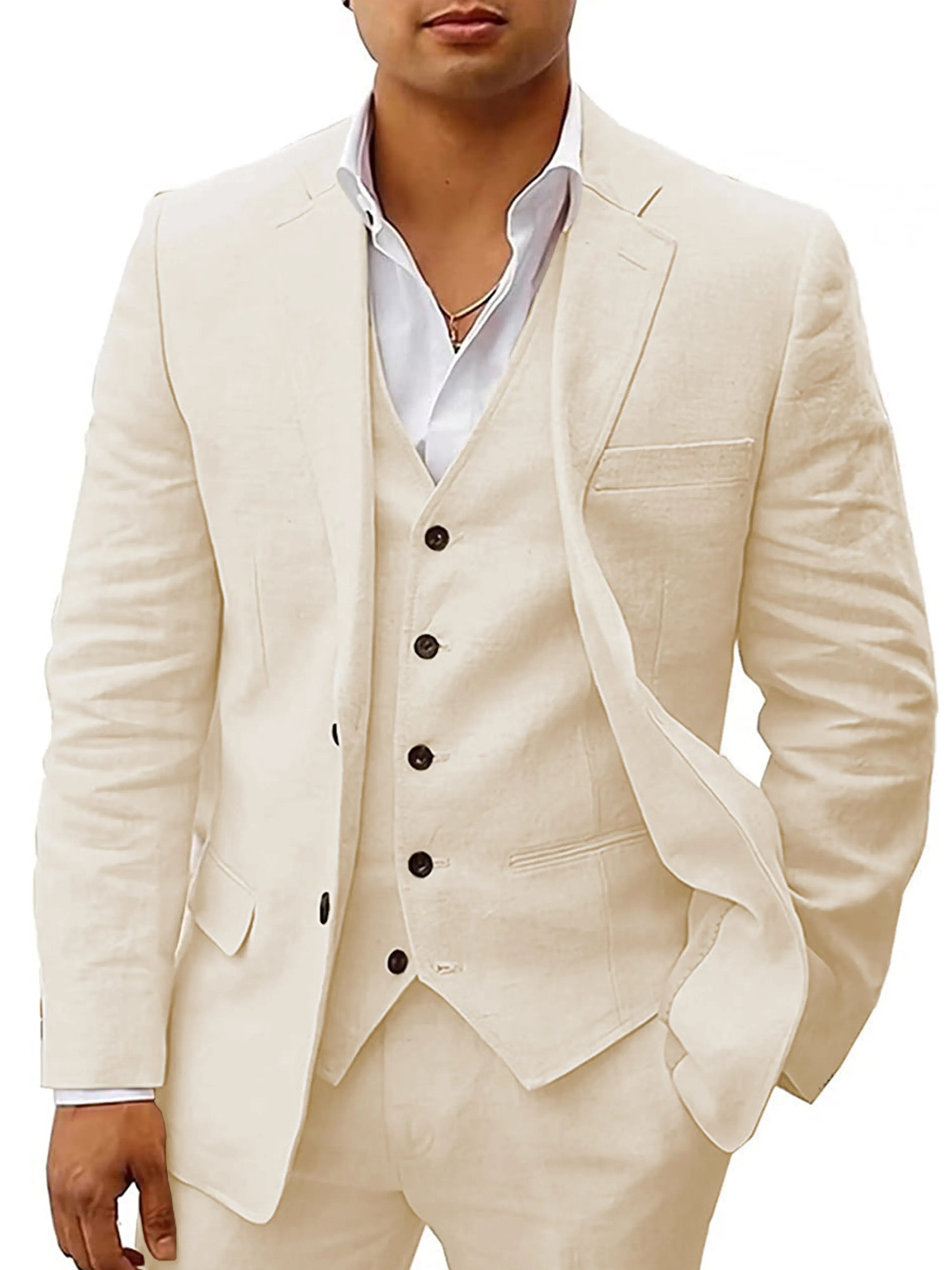 Cotton and Linen Peak Lapel 3 Pieces Business Suit