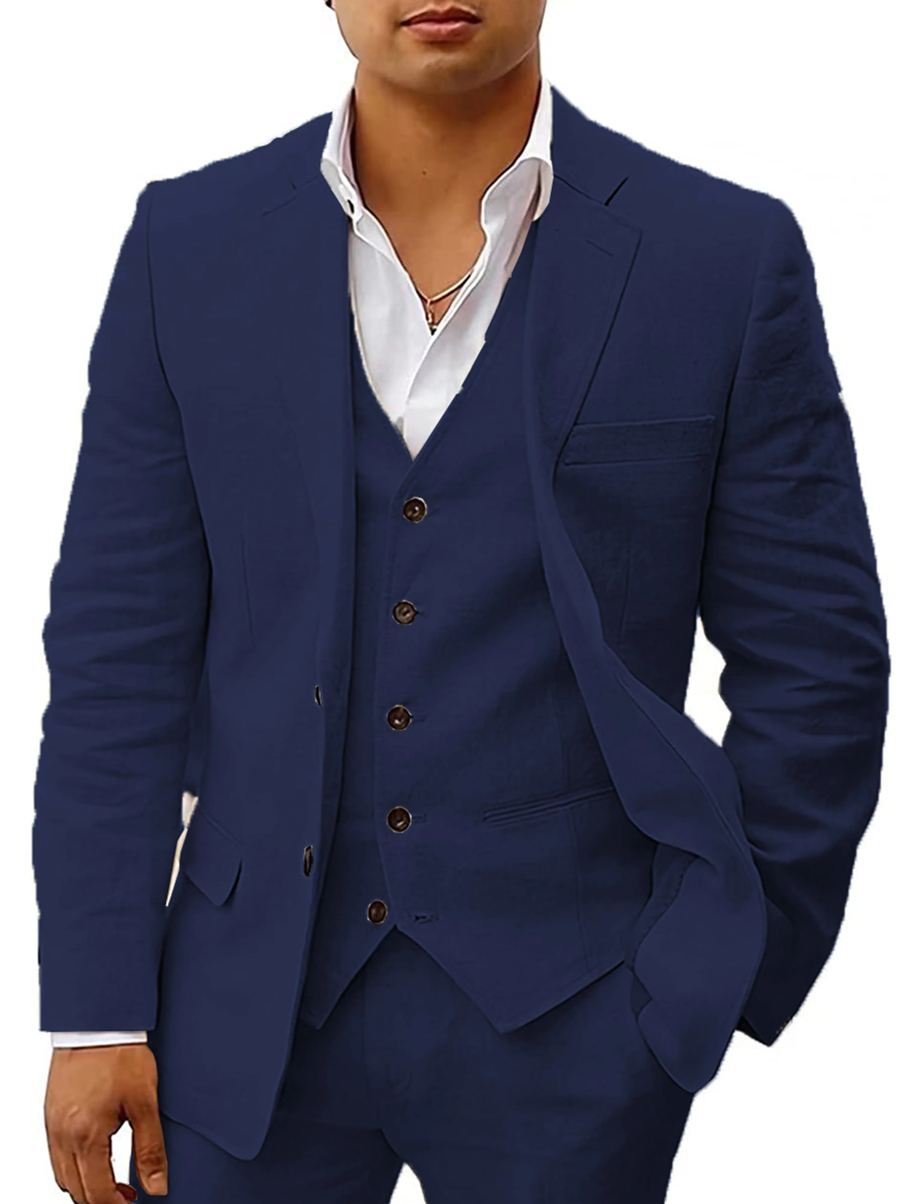 Cotton and Linen Peak Lapel 3 Pieces Business Suit