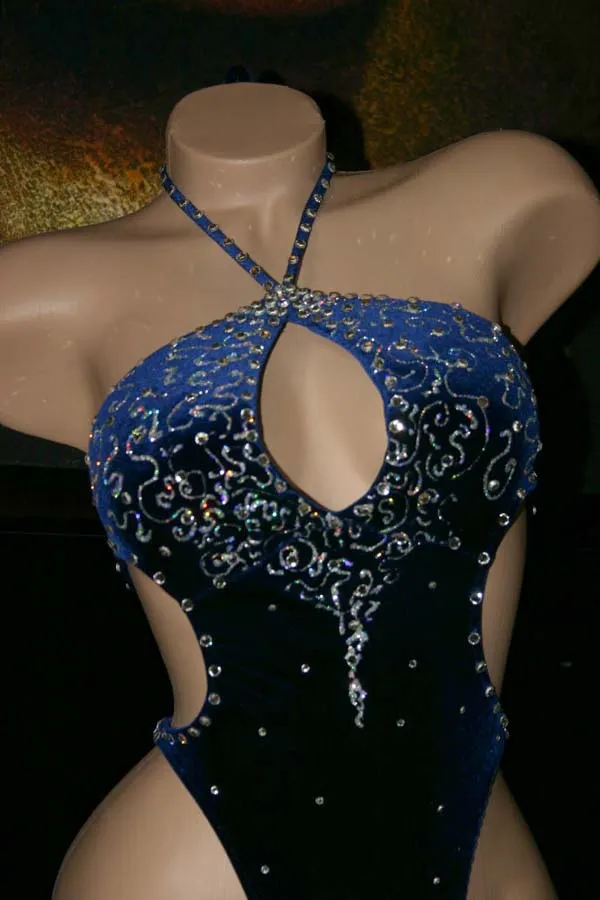 Dark Blue Velvet One-piece Figure Competition Suit