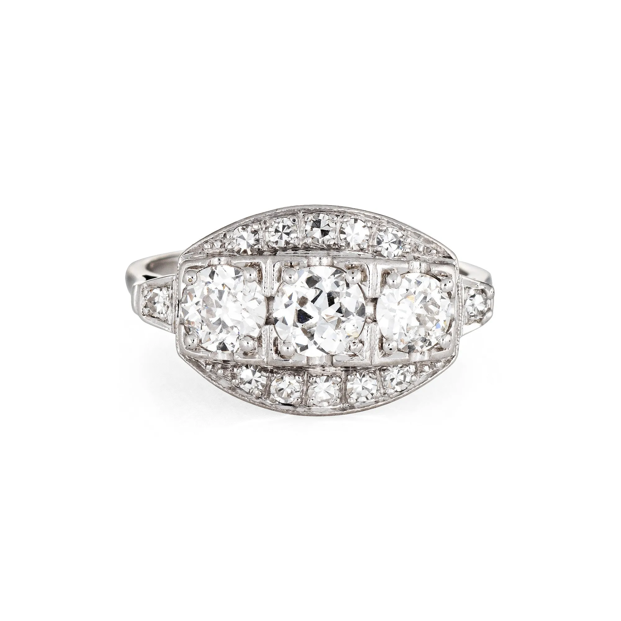 Diamond Trilogy Ring Vintage 50s 14k White Gold Three Stone Estate Jewelry 6.25