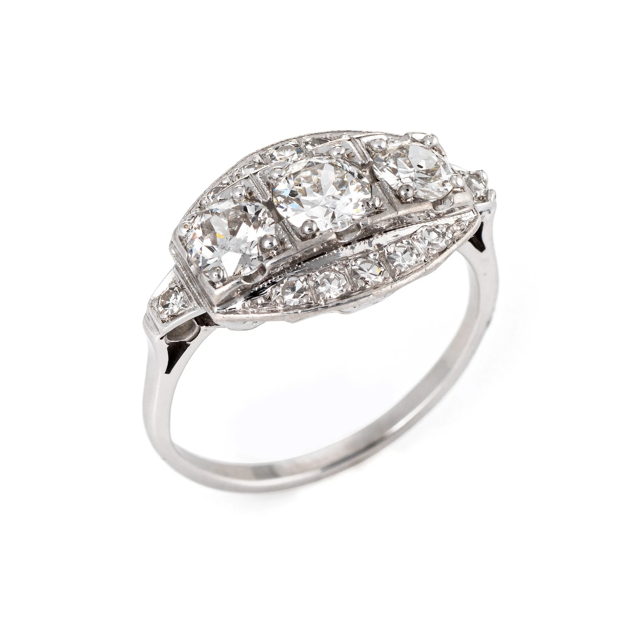 Diamond Trilogy Ring Vintage 50s 14k White Gold Three Stone Estate Jewelry 6.25