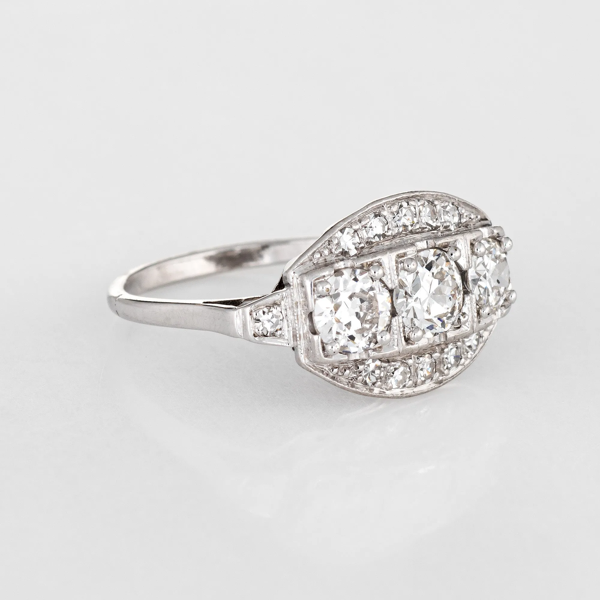 Diamond Trilogy Ring Vintage 50s 14k White Gold Three Stone Estate Jewelry 6.25