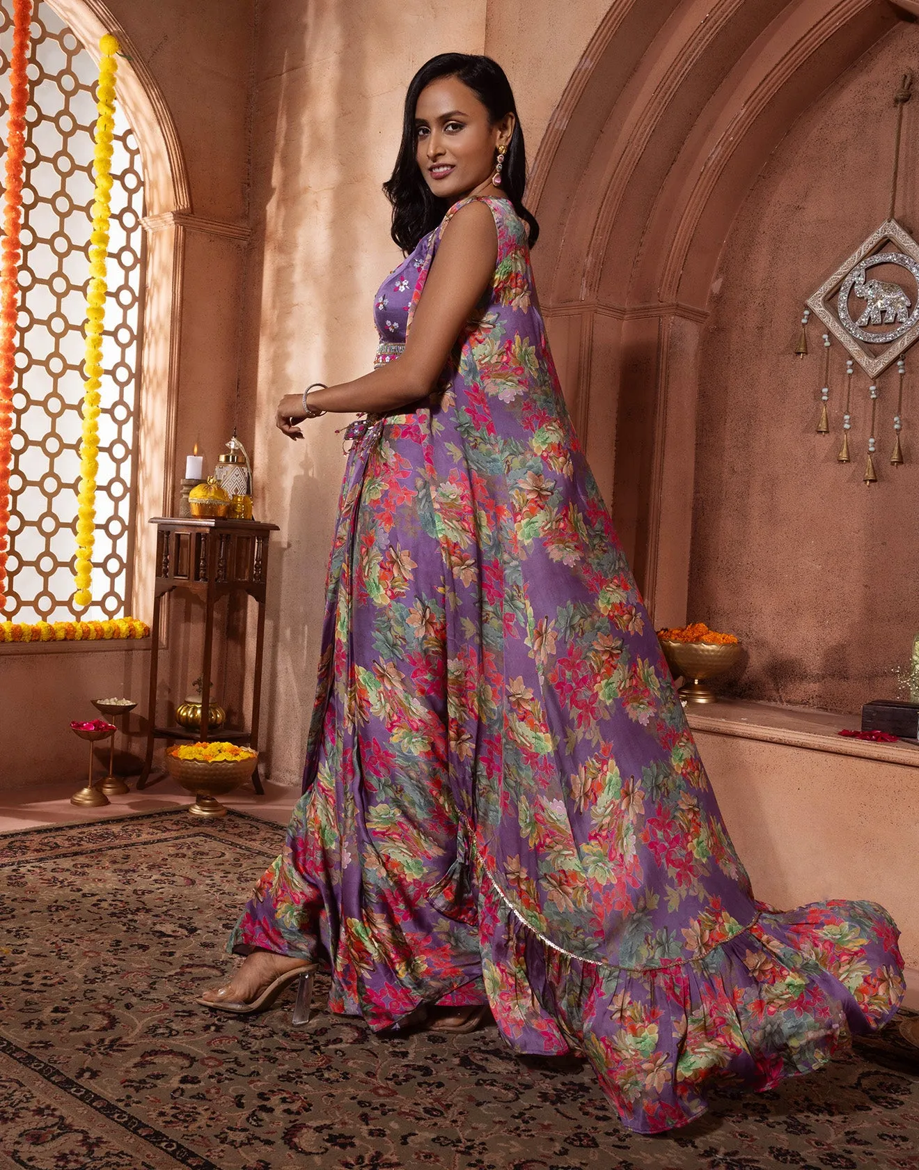 Electric Purple Floral Printed Satin Indi-Cocktail Suit
