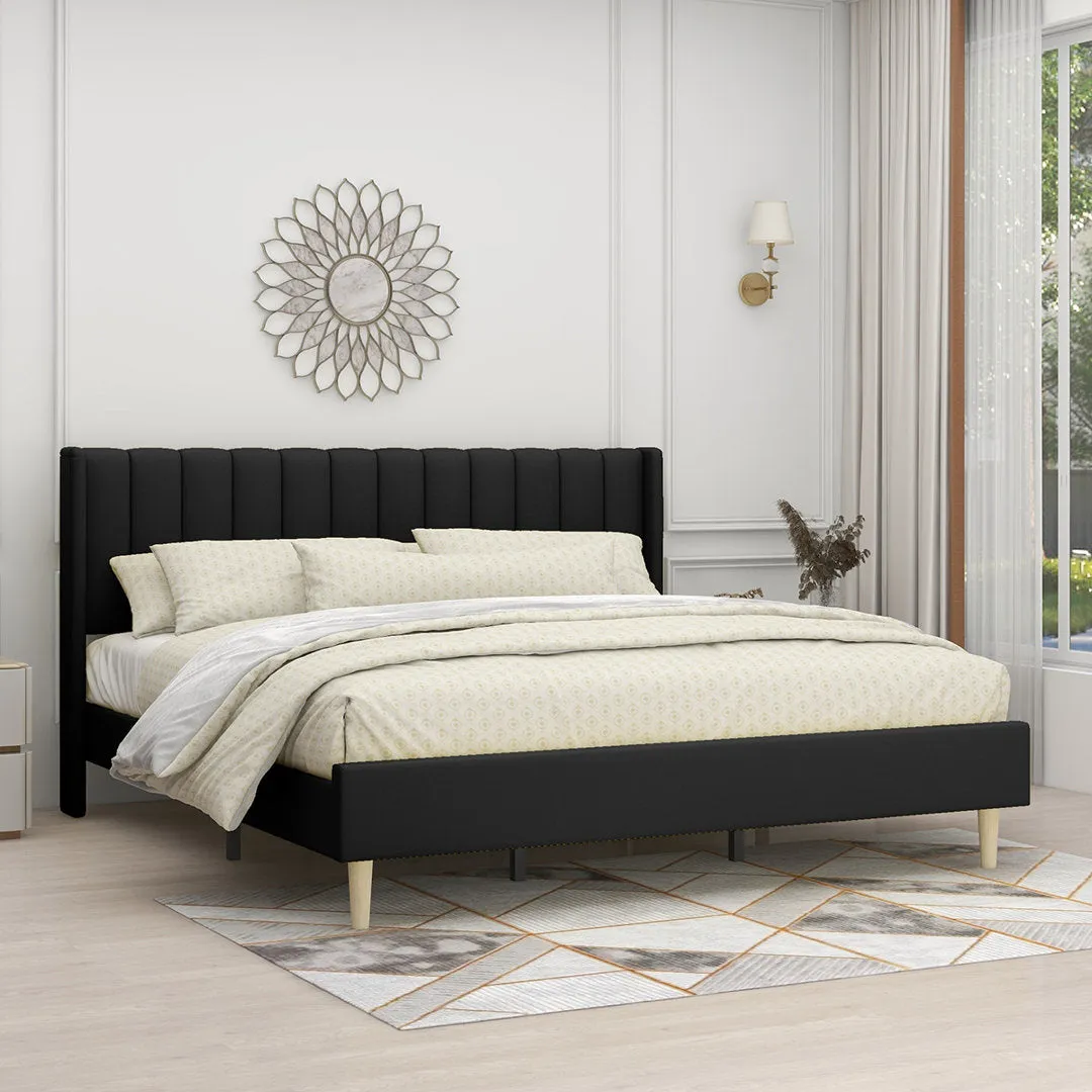 Eriksay Low Profile Upholstered Platform Bed with Wingback Headboard Wade Logan® Color: Black Linen Size: King