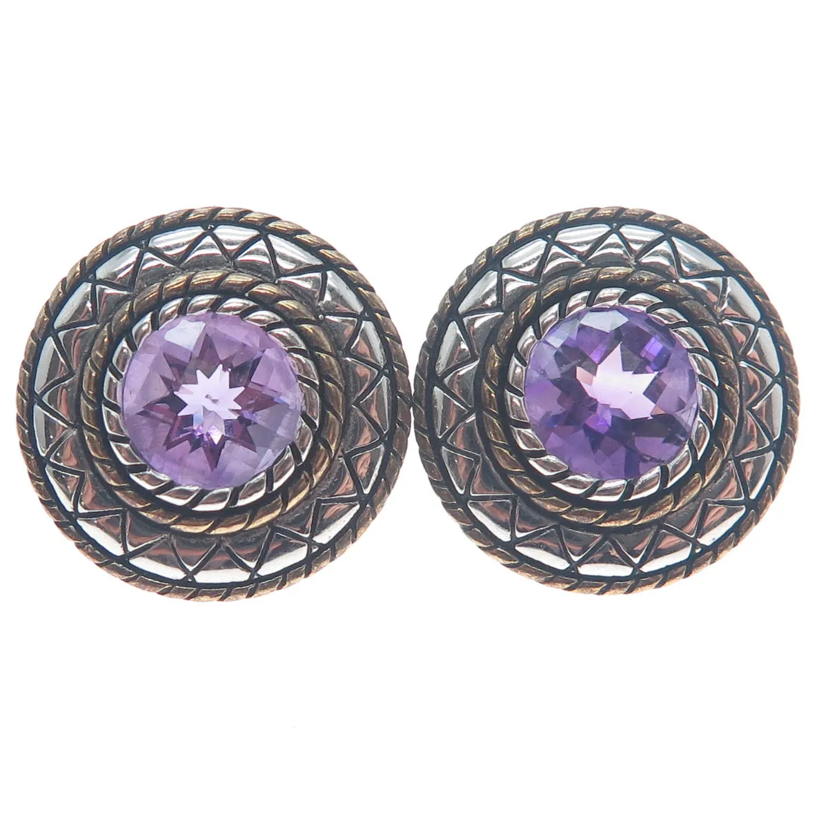 FADI Sterling Silver 2-Tone Vintage Real Amethyst Modernist Oxidized Earrings