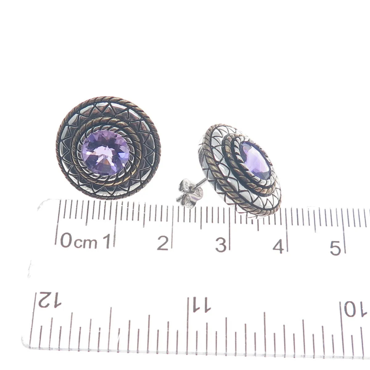 FADI Sterling Silver 2-Tone Vintage Real Amethyst Modernist Oxidized Earrings
