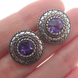 FADI Sterling Silver 2-Tone Vintage Real Amethyst Modernist Oxidized Earrings