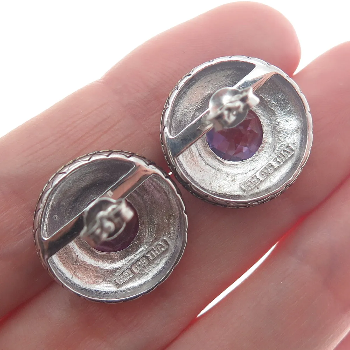 FADI Sterling Silver 2-Tone Vintage Real Amethyst Modernist Oxidized Earrings