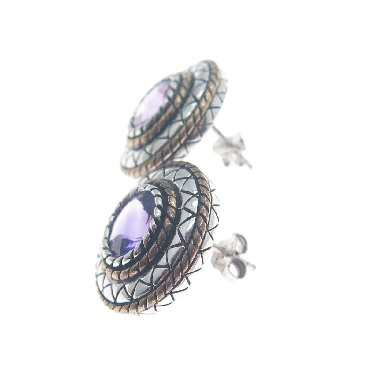 FADI Sterling Silver 2-Tone Vintage Real Amethyst Modernist Oxidized Earrings