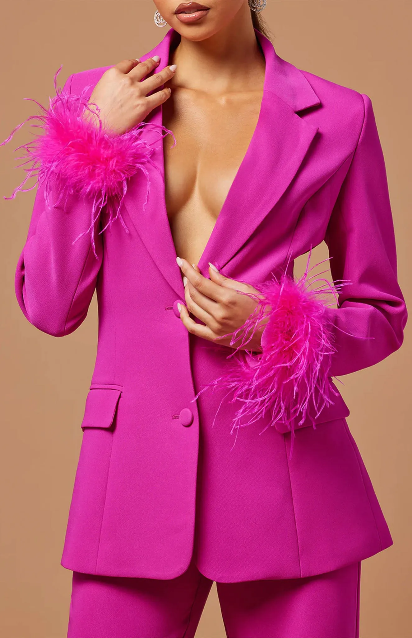 Flamingo Feathers Power Suit |  Pink Feather Blazer Set