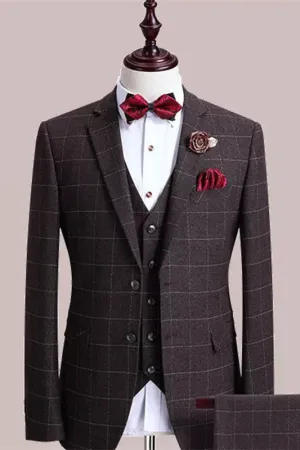 Formal Brown Plaid 3 Piece Men's Business Suit