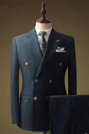 Formal Dusty Blue Double Breasted Peaked Lapel Business Men's Suit