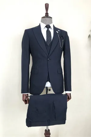 Formal Navy Blue 3 Piece Peaked Lapel Business Men's Suit