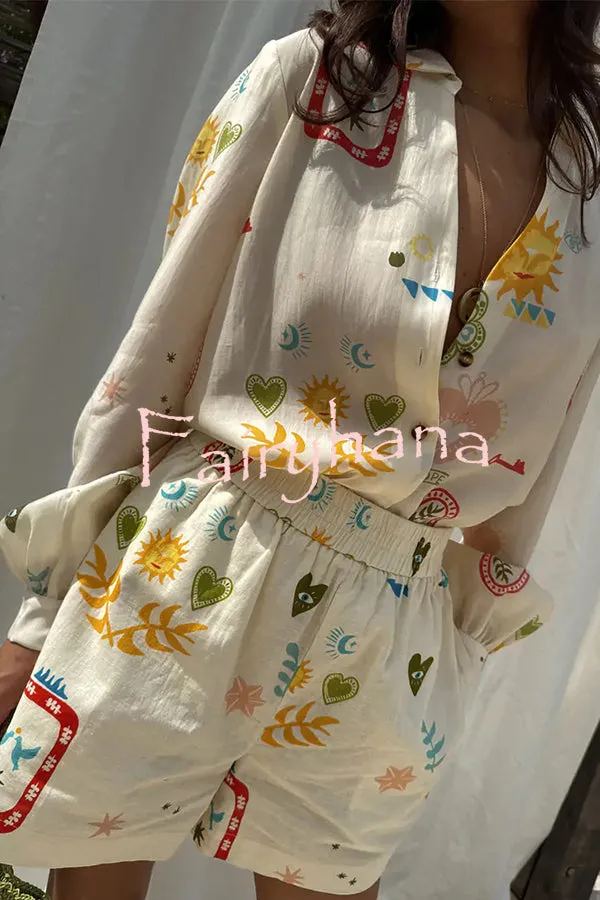 Funny Vacation Unique Printed Long Sleeve Shirt and Elastic Waist Pocket Loose Shorts Set