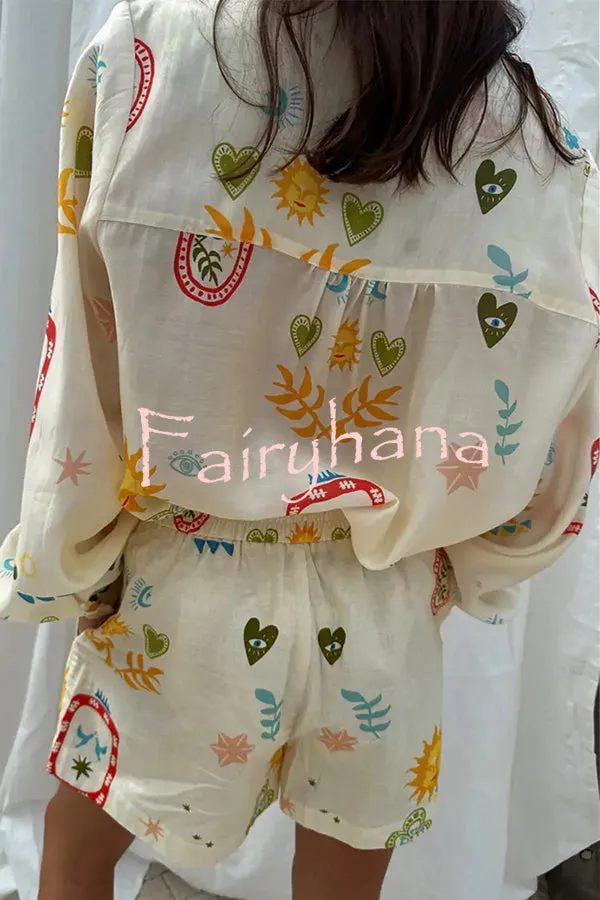 Funny Vacation Unique Printed Long Sleeve Shirt and Elastic Waist Pocket Loose Shorts Set