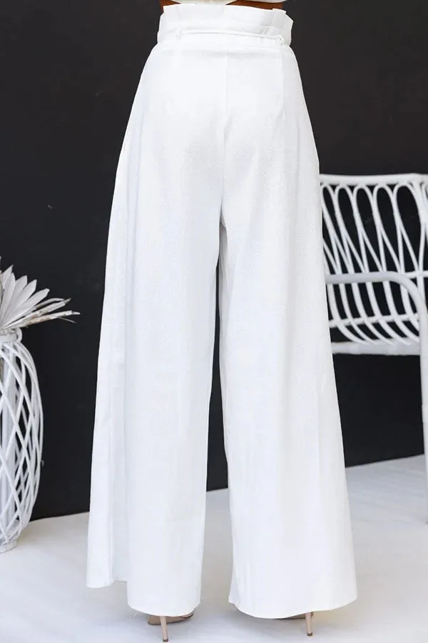 Gette Linen Blend Slit Front Top and High Rise Knoted Pocket Wide Leg Pants Set