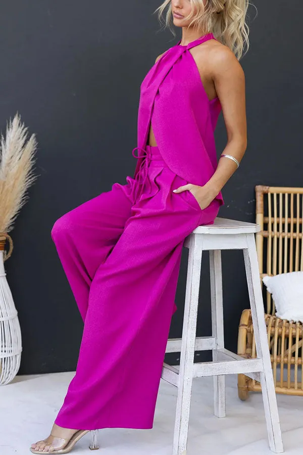 Gette Linen Blend Slit Front Top and High Rise Knoted Pocket Wide Leg Pants Set