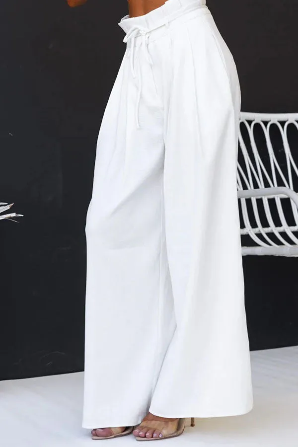 Gette Linen Blend Slit Front Top and High Rise Knoted Pocket Wide Leg Pants Set