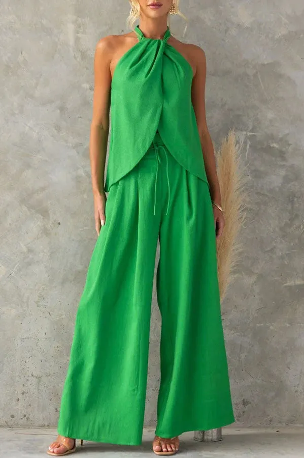 Gette Linen Blend Slit Front Top and High Rise Knoted Pocket Wide Leg Pants Set