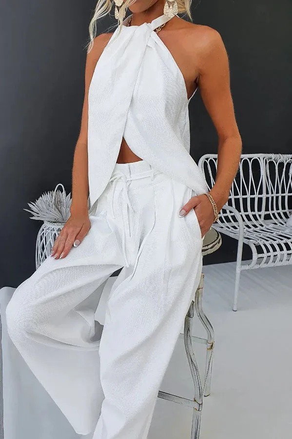 Gette Linen Blend Slit Front Top and High Rise Knoted Pocket Wide Leg Pants Set