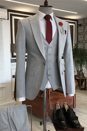 Gray Striped Three Piece Peaked Lapel Business Suit