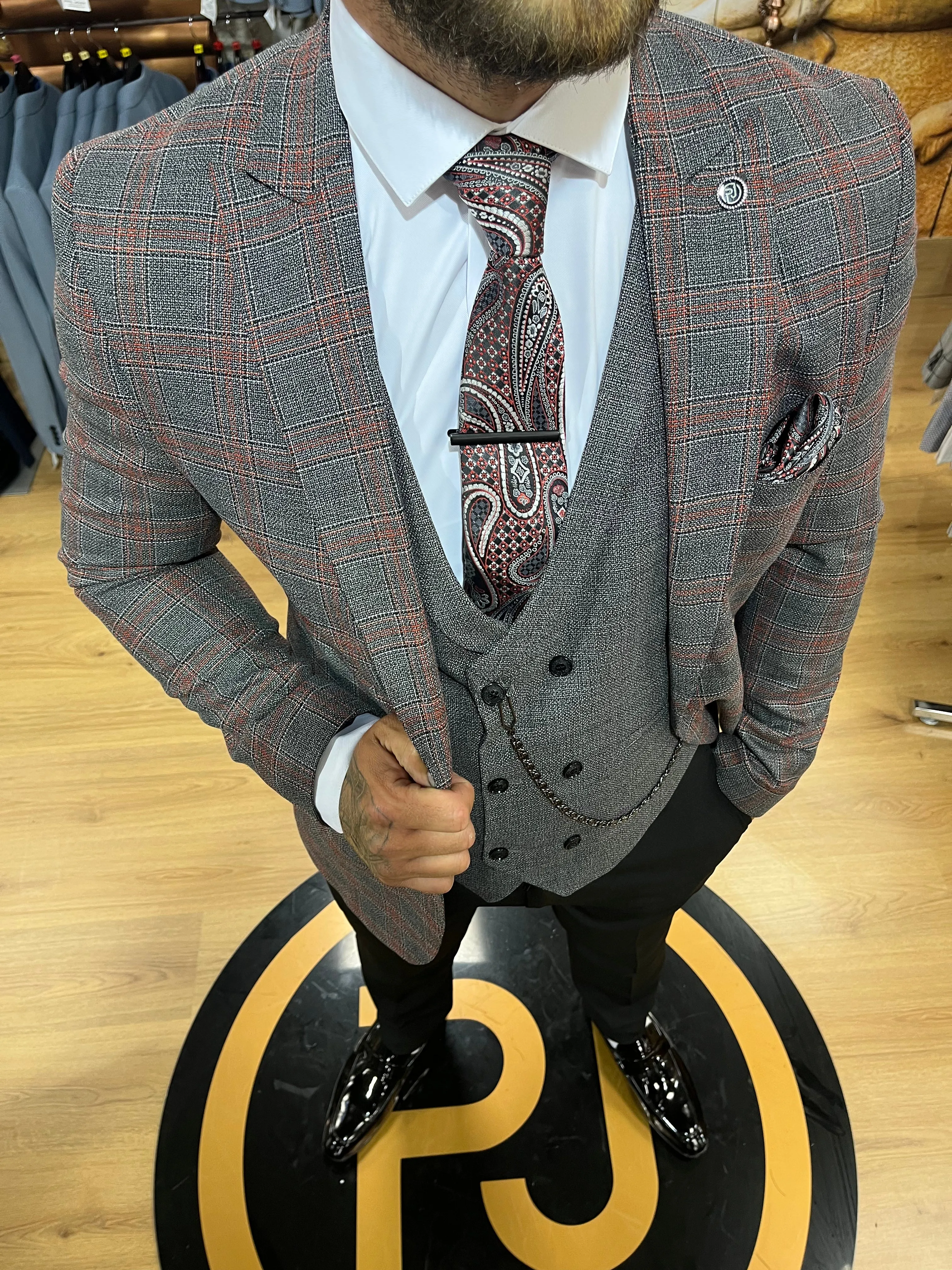 Gullit - Dark Grey/Red 3 Piece Suit