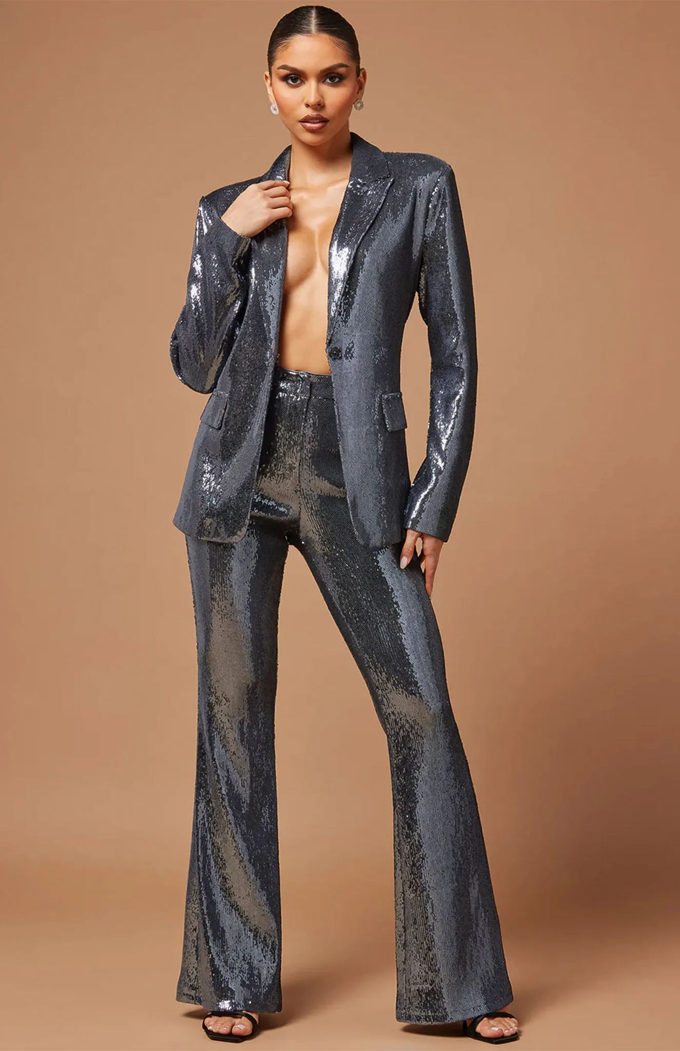 Gunmetal Glamour Power Suit | Grey sequence Blazer Set