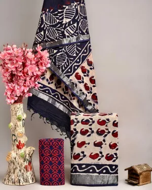 Hand Block Printed Linen Unstitched Suit .