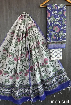 Hand Block Printed Linen Unstitched Suit .