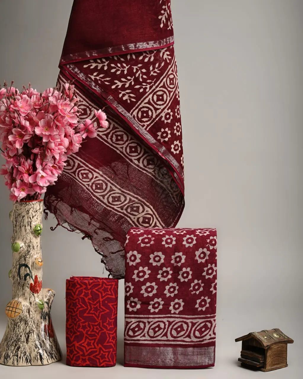 Hand Block Printed Linen Unstitched Suit .