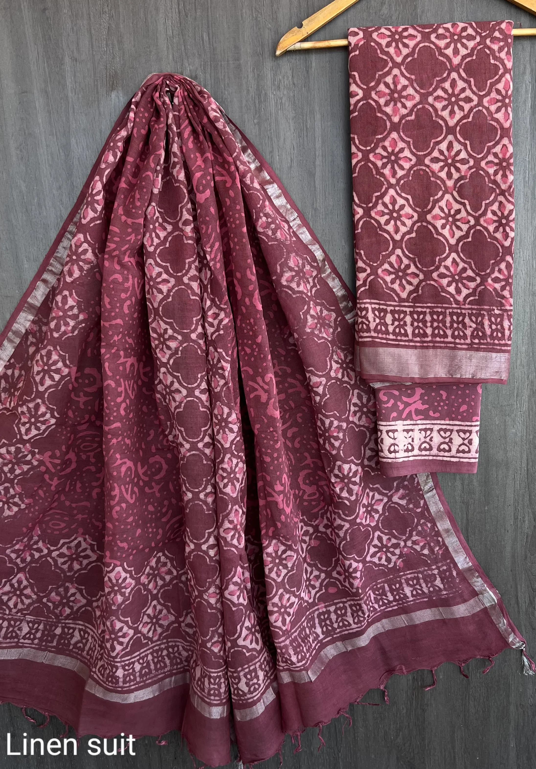 Hand Block Printed Linen Unstitched Suit .
